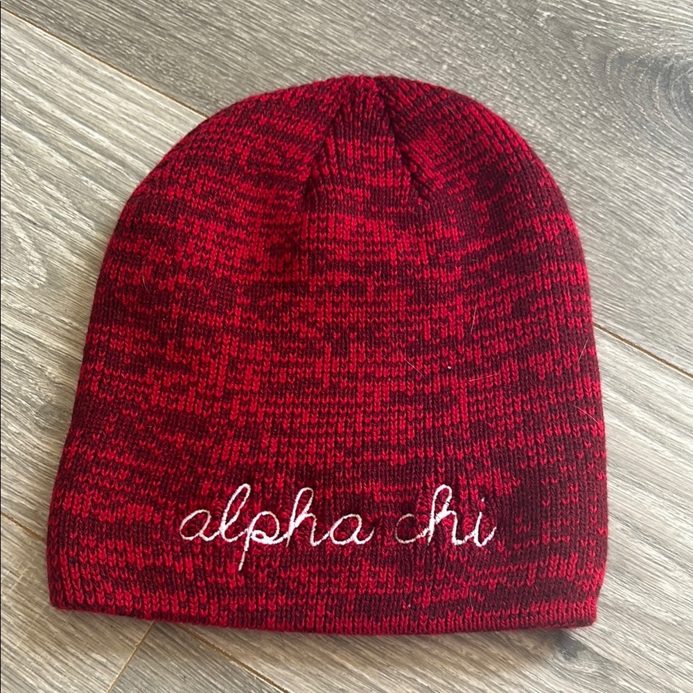 Red Knit Beanie with Alpha Chi Embroidered Text